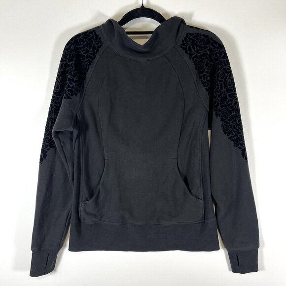 Lululemon Women's‎ Floral Flock Pullover Black Mock Neck Sweatshirt Back Size 10 - Picture 1 of 10